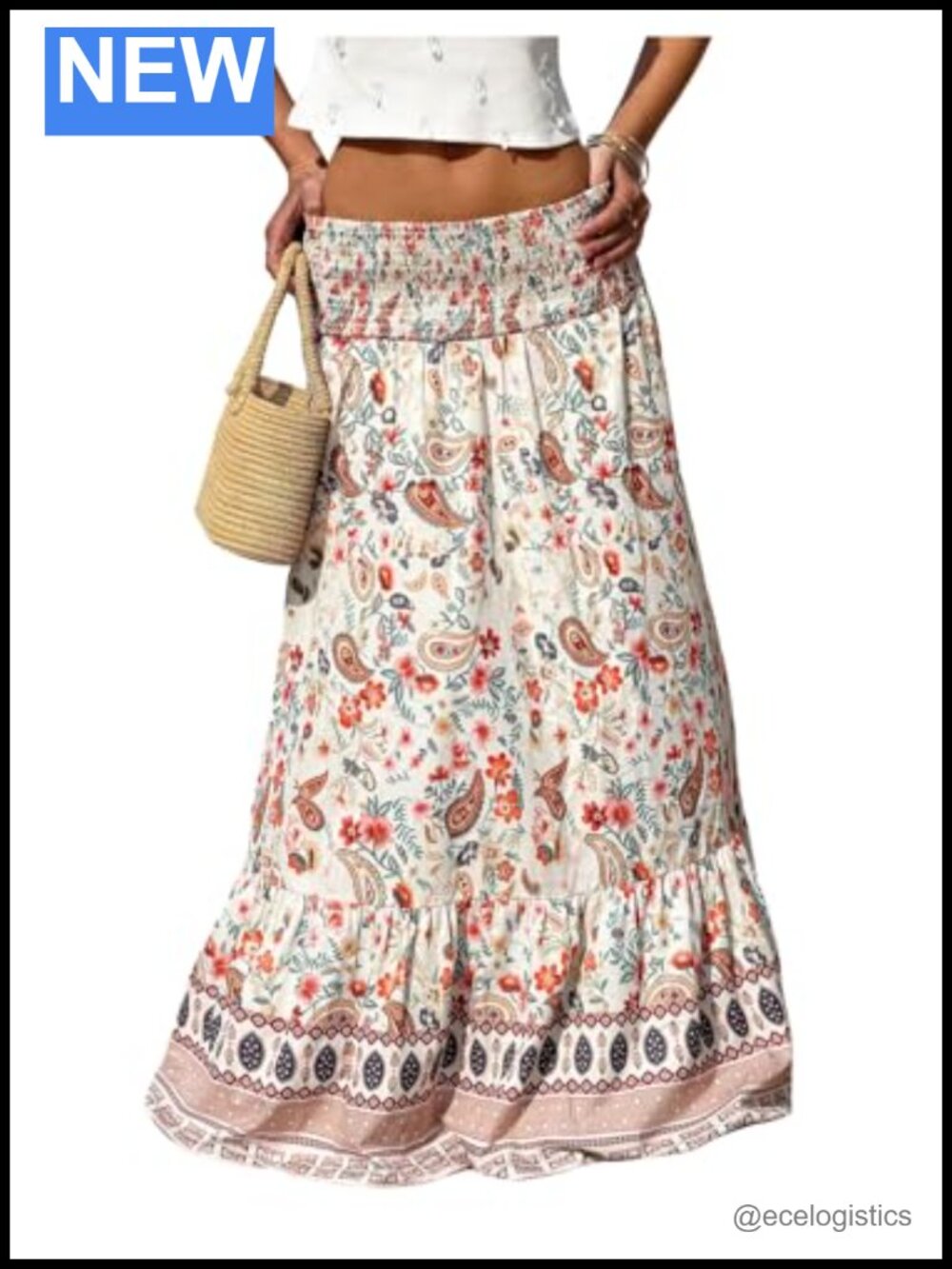 Boho Paisley Smocked Waist A-Line Maxi Skirt